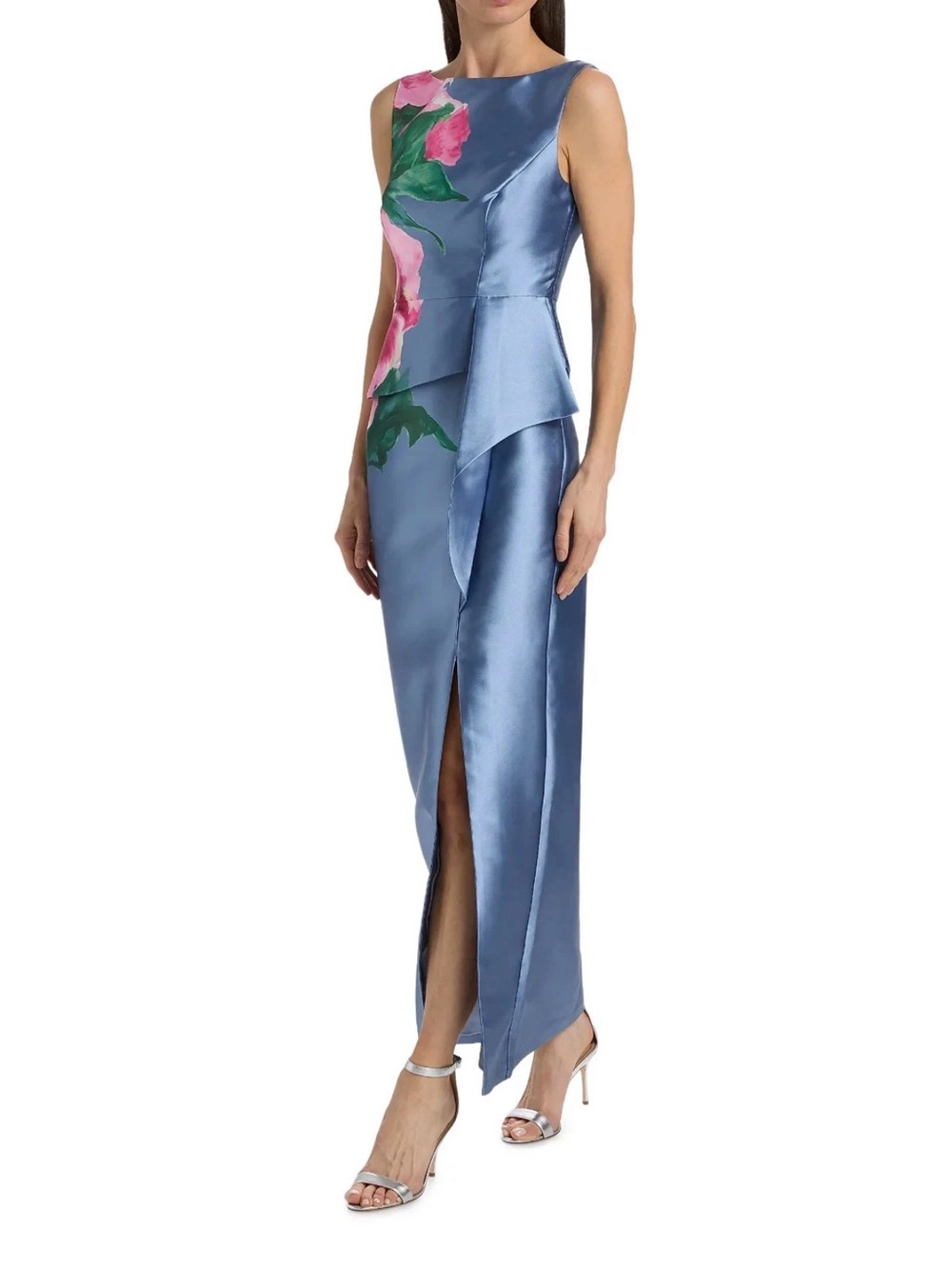 Kay Unger column Blue Satin Dress with Pink Floral Detail